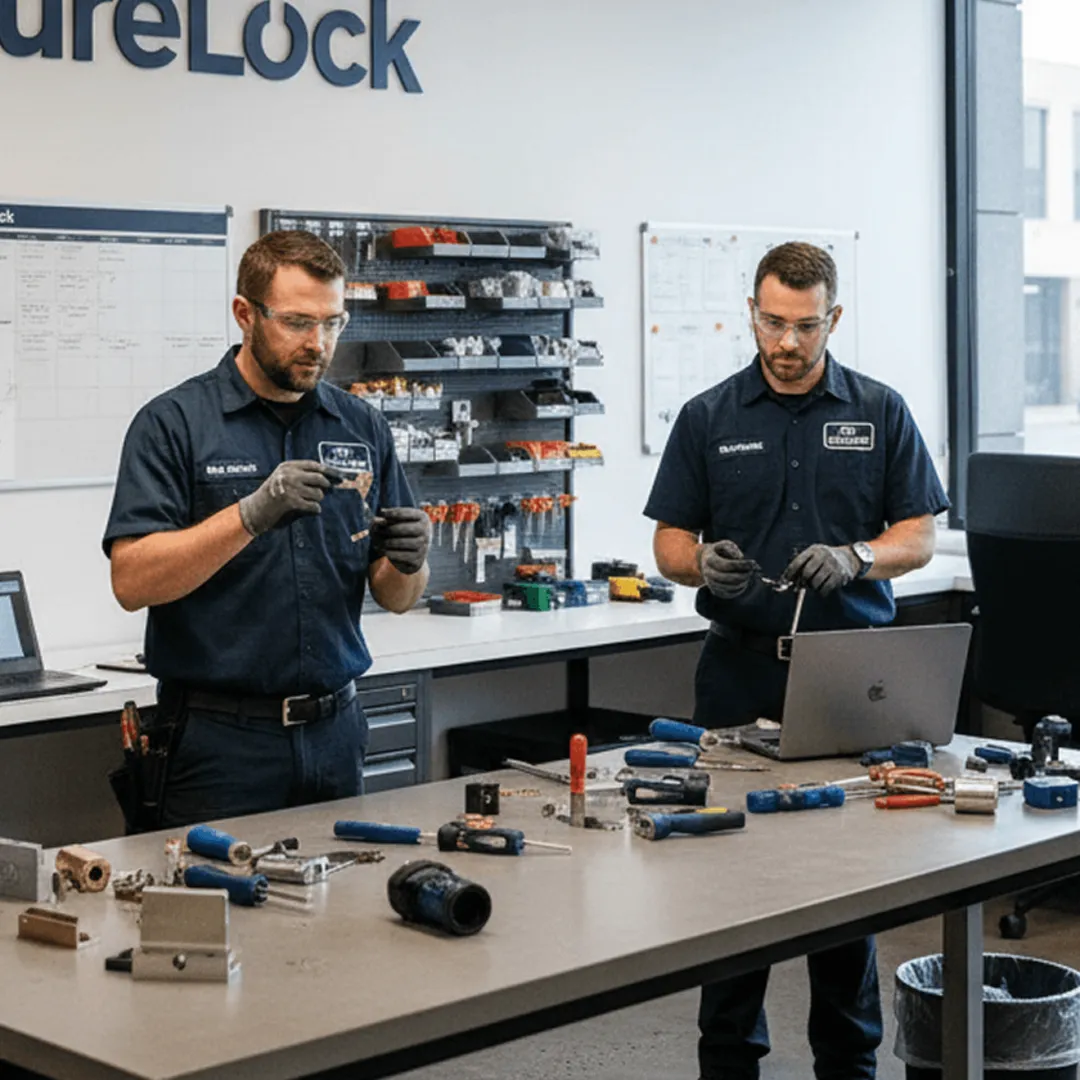 Two SC Key Locksmith Columbia technicians preparing locks at the workshop bench