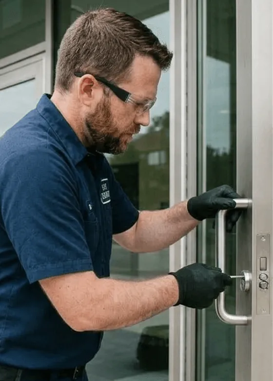 Close-up of a technician servicing a commercial door handle