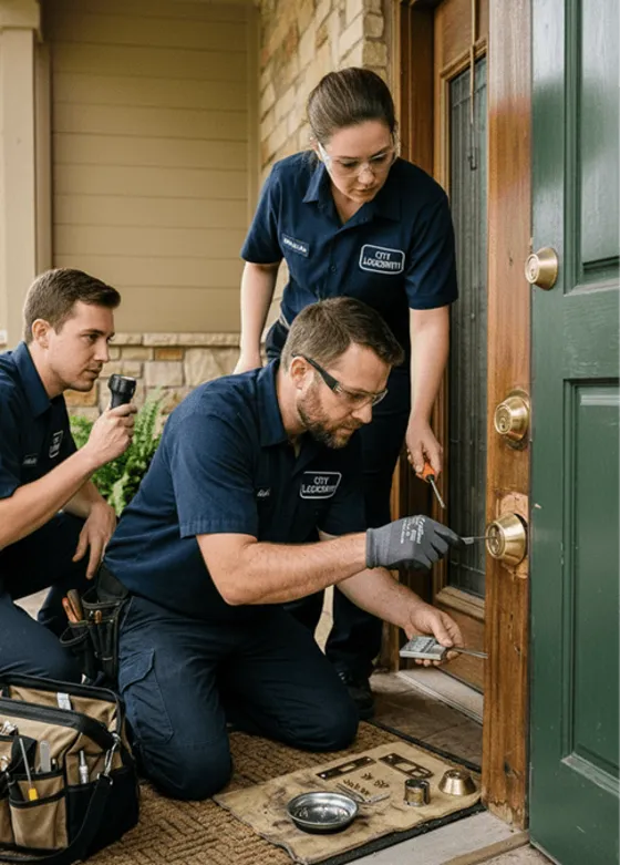 SC Key Locksmith Columbia team replacing the lock on a home's front door