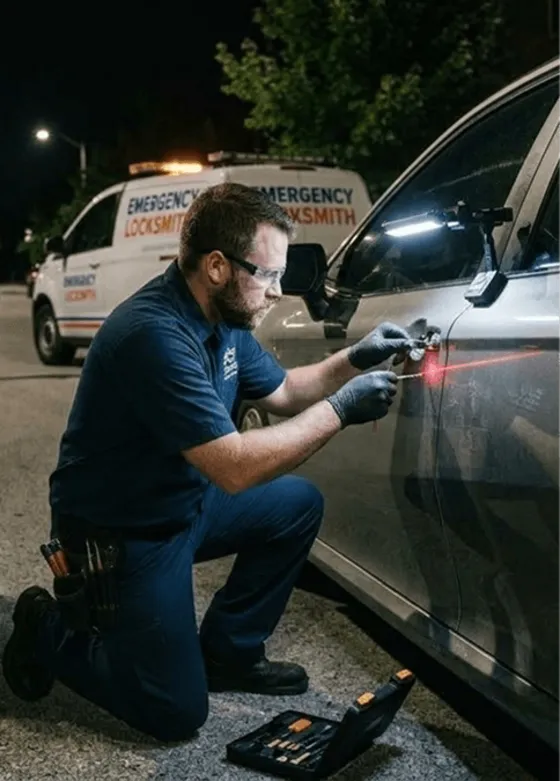 Locksmith opening a car at night beside the emergency van